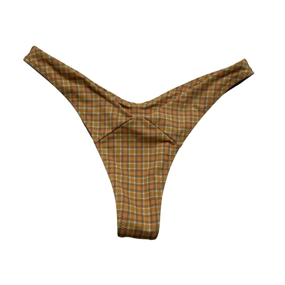 La Hana Swim V Thong Bikini Bottoms in Orange Check